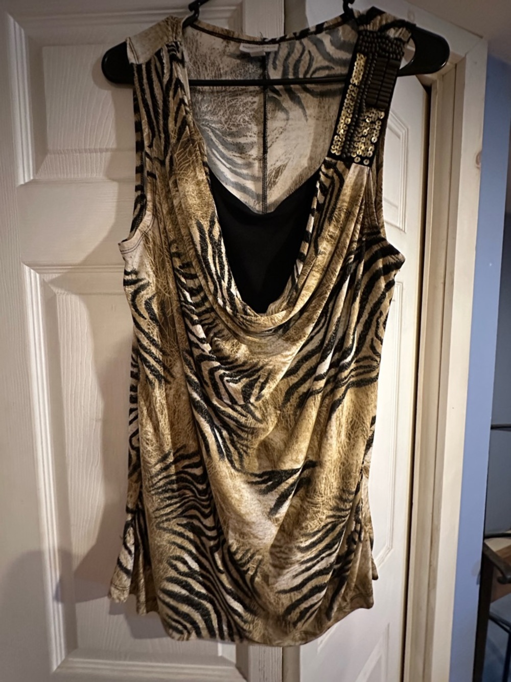 Fashion Bug Gold and Black Zebra Print Cowl Neck Tank with Sequin Strap